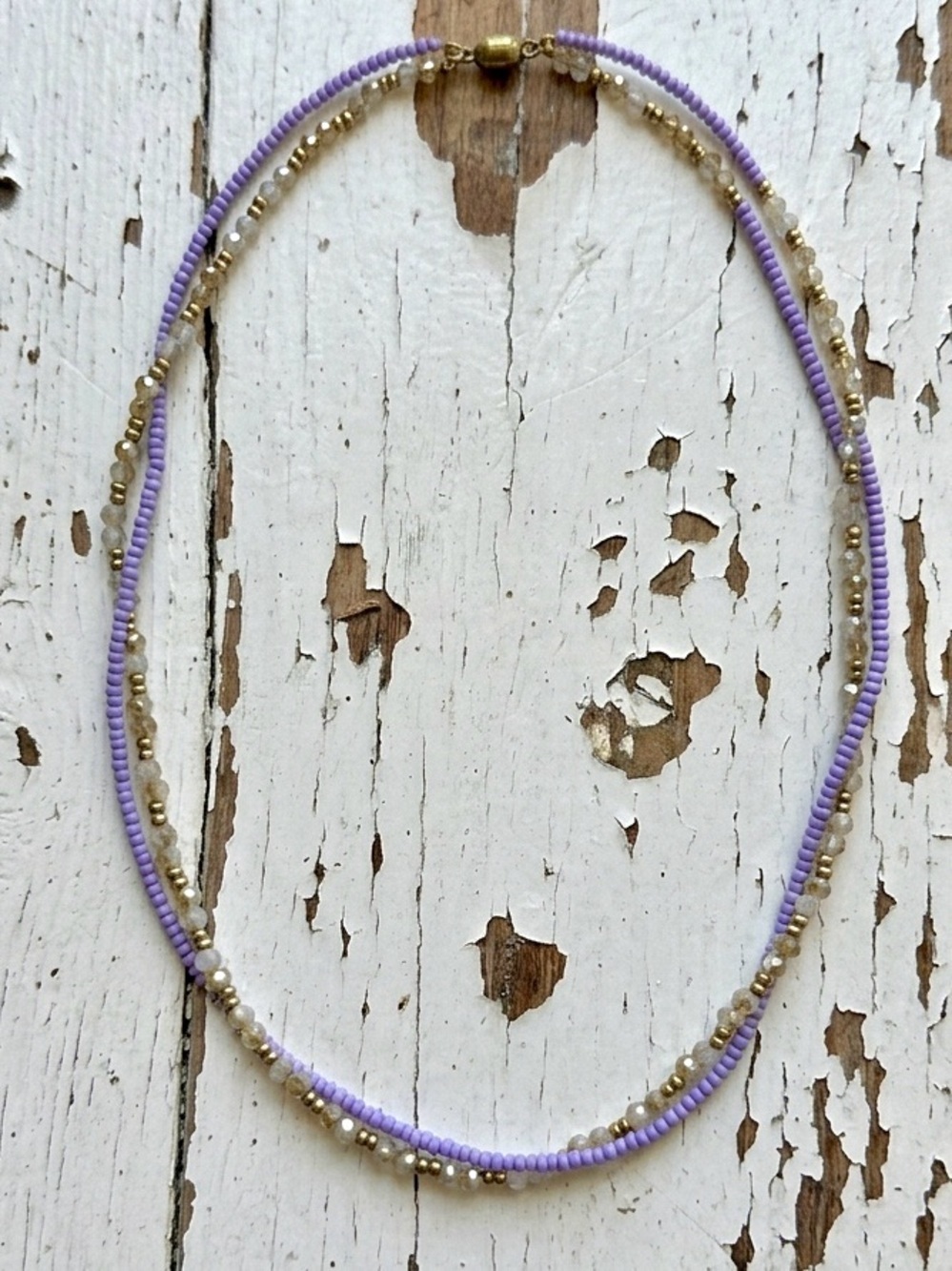 Double Strand Woven Matte Purple, Matte Gold & AB Crystal Beaded Necklace